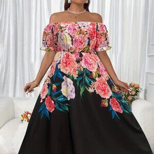 Women Plus Size Off the Shoulder Floral Print Vacation Summer Getaway Dress 16W